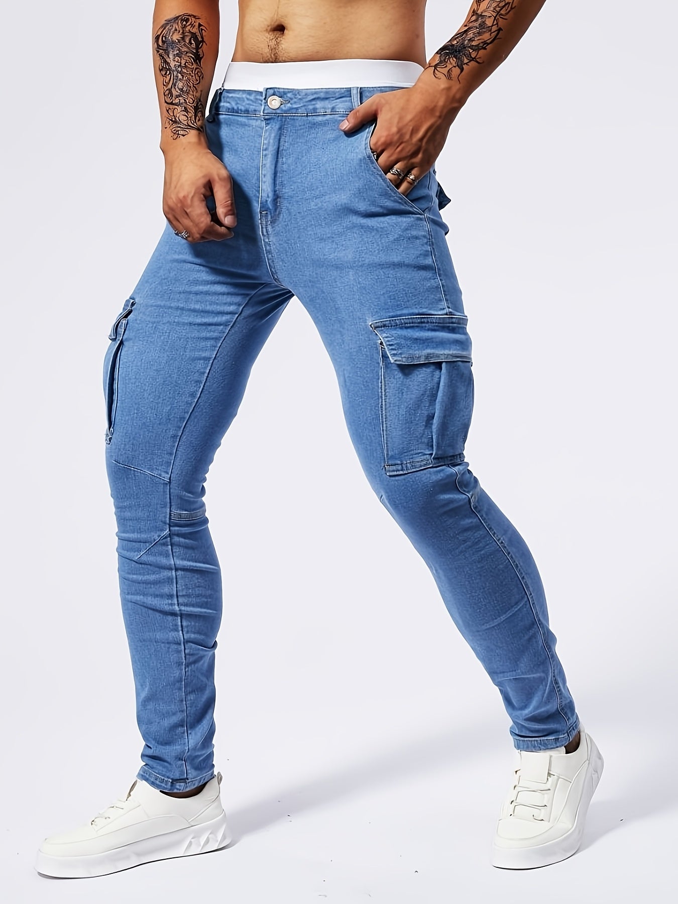 Women's Slim Fit Cargo Jeans Blue Cotton Blend 1