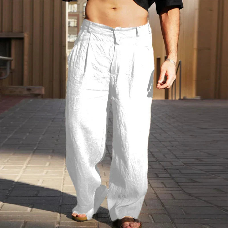 Men's Wide Leg Pants Beige Linen