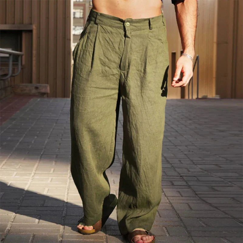 Men's Wide Leg Pants Beige Linen