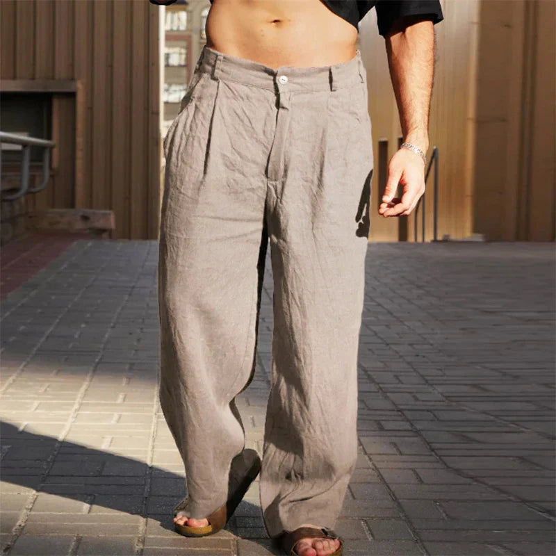 Men's Wide Leg Pants Beige Linen
