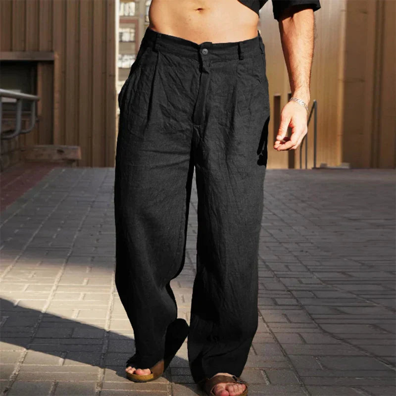 Men's Wide Leg Pants Beige Linen