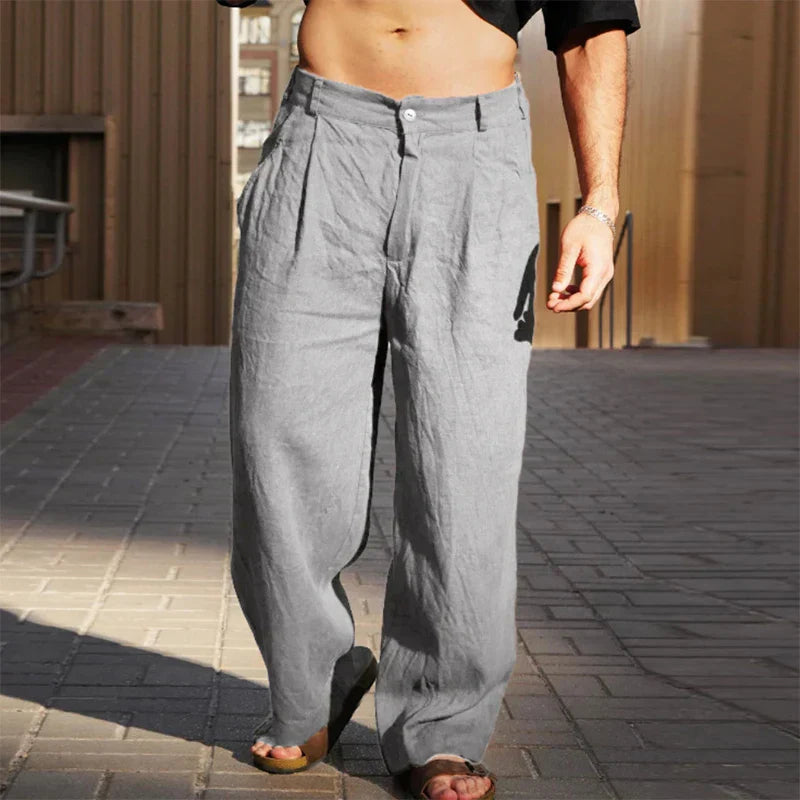 Men's Wide Leg Pants Beige Linen