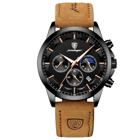 Men’s Luxury Chronograph Quartz Watch – Leather Strap with Luminous Hands