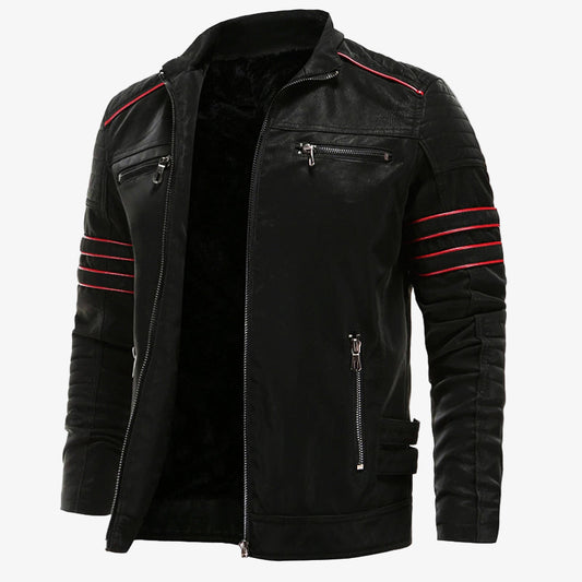 Men's Leather Jacket with Bold Red Stripes - Stylish, Durable, and Trendy Outerwear for a Classic Look