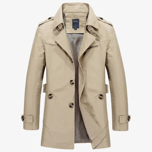Men's Buttoned Trench Coat with Notched Collar - Stylish, Classic Outerwear for All Seasons, Perfect for Casual and Formal Wear