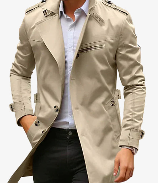 Men's Stylish Long Trench Coat with Functional Zip Pockets - Perfect for Fashion and Versatility