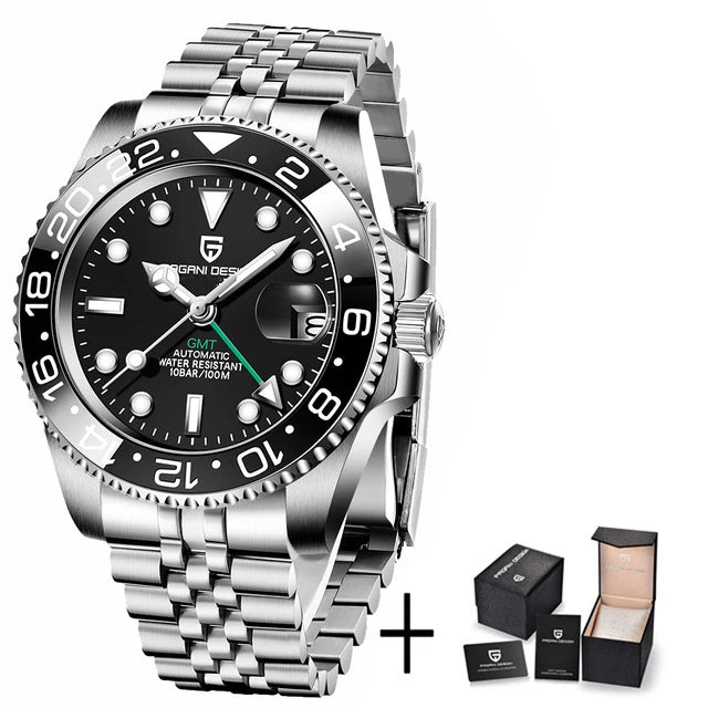 40MM Automatic GMT Men's Watch with Stainless Steel Case and Ceramic Bezel