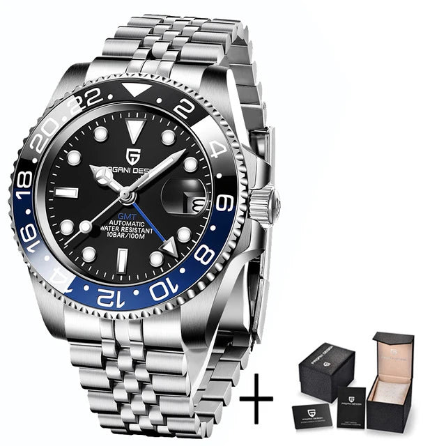 40MM Automatic GMT Men's Watch with Stainless Steel Case and Ceramic Bezel