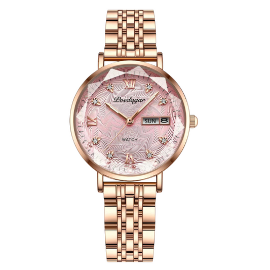 Women’s Round Quartz Watch – Stainless Steel Strap with Date and Week Display