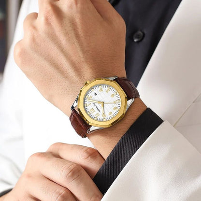 Classic Men's Quartz Watch with Leather Strap – Water-Resistant, Stylish Design, Calendar Feature