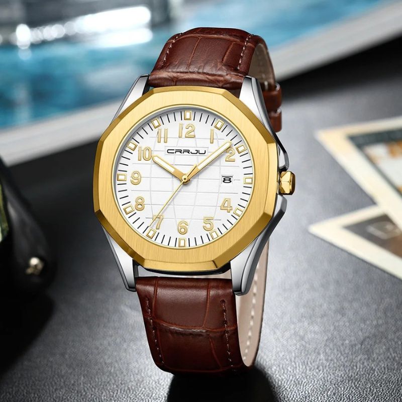 Classic Men's Quartz Watch with Leather Strap – Water-Resistant, Stylish Design, Calendar Feature