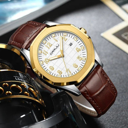 Classic Men's Quartz Watch with Leather Strap – Water-Resistant, Stylish Design, Calendar Feature