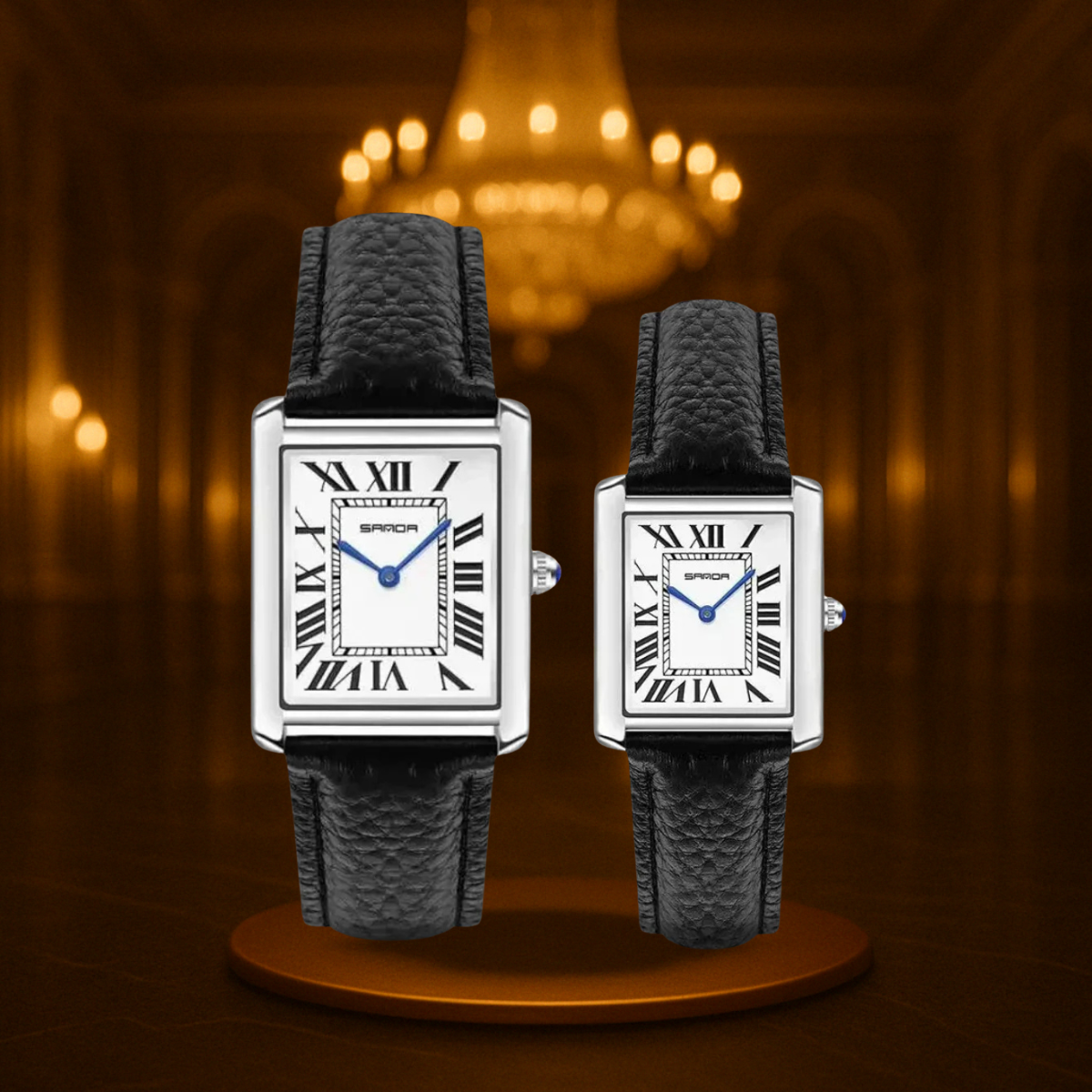 Couples Watches Square Dial Black Stainless Steel Wrist Watch Set for Couple