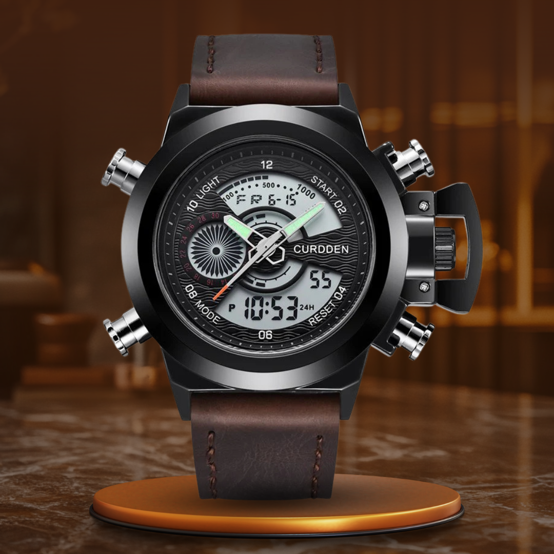 Dual Time Chronograph Watch with Leather Strap – Multifunctional Military-Inspired Sports Watch for Outdoor and Business Use 0