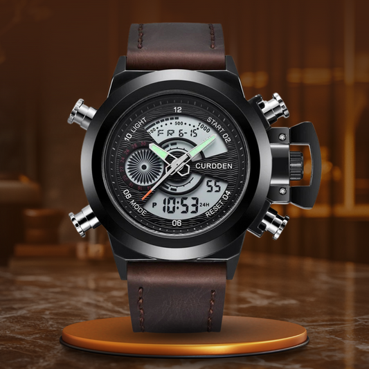 Dual Time Chronograph Watch with Leather Strap – Multifunctional Military-Inspired Sports Watch for Outdoor and Business Use 0