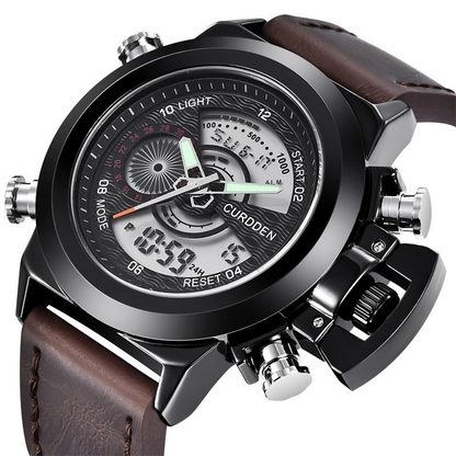 Dual Time Chronograph Watch with Leather Strap – Multifunctional Military-Inspired Sports Watch for Outdoor and Business Use 1