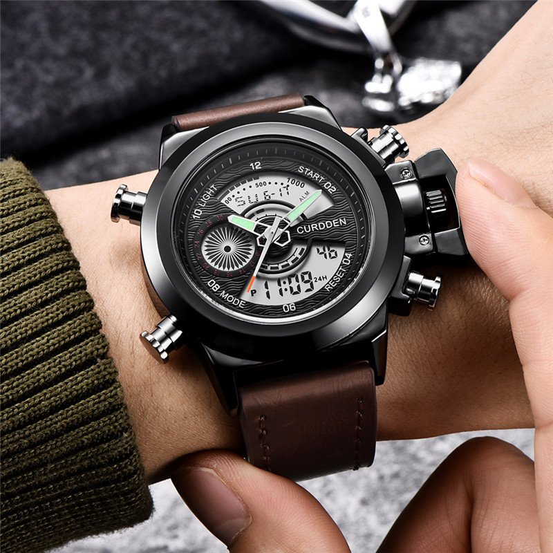 Dual Time Chronograph Watch with Leather Strap – Multifunctional Military-Inspired Sports Watch for Outdoor and Business Use 3