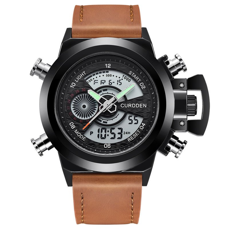 Dual Time Chronograph Watch with Leather Strap – Multifunctional Military-Inspired Sports Watch for Outdoor and Business Use 7