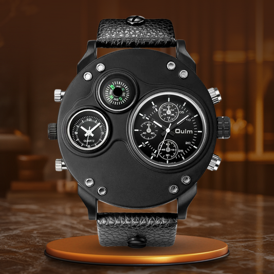 Dual Time Zone Quartz Watch with Black Leather Strap – Stylish and Functional Men's Timepiece 0