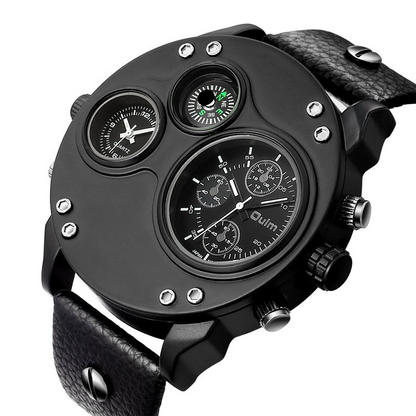 Dual Time Zone Quartz Watch with Black Leather Strap – Stylish and Functional Men's Timepiece 4