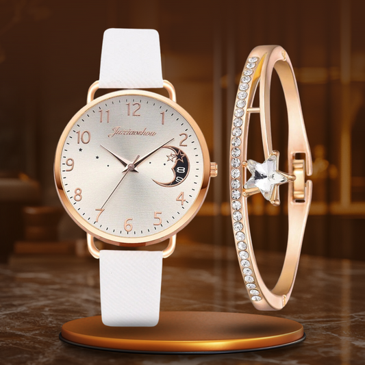 Elegant Moon Dial Watch and Bracelet Set - Timeless Style & Precision 0
