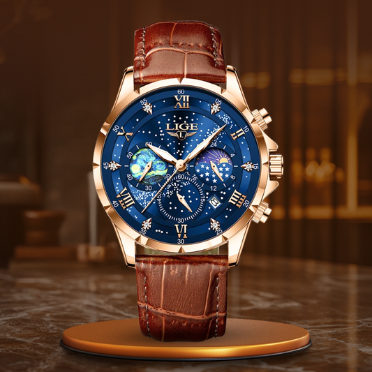 Elegant Moonphase Watch with Quartz Movement –  Luminous Hands, Date Display