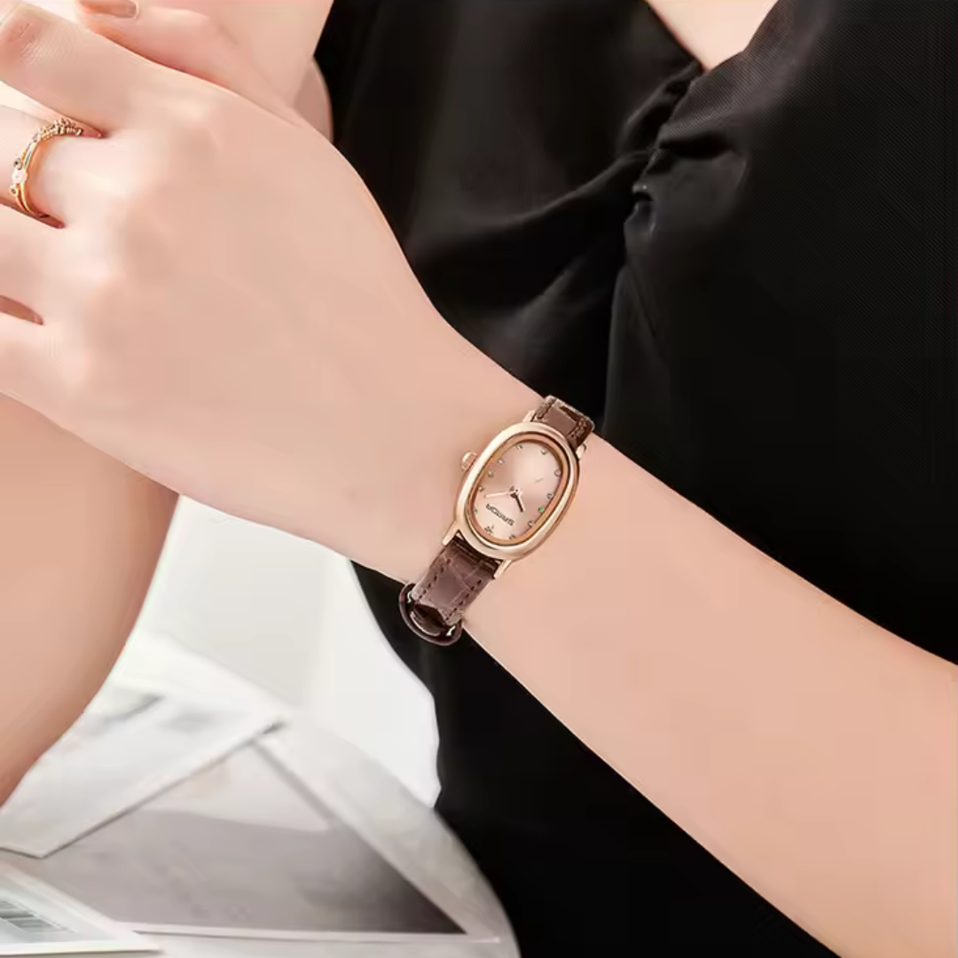 Elegant Vintage Oval Quartz Women's Watch with Slim Leather Strap and Hardlex Crystal 5