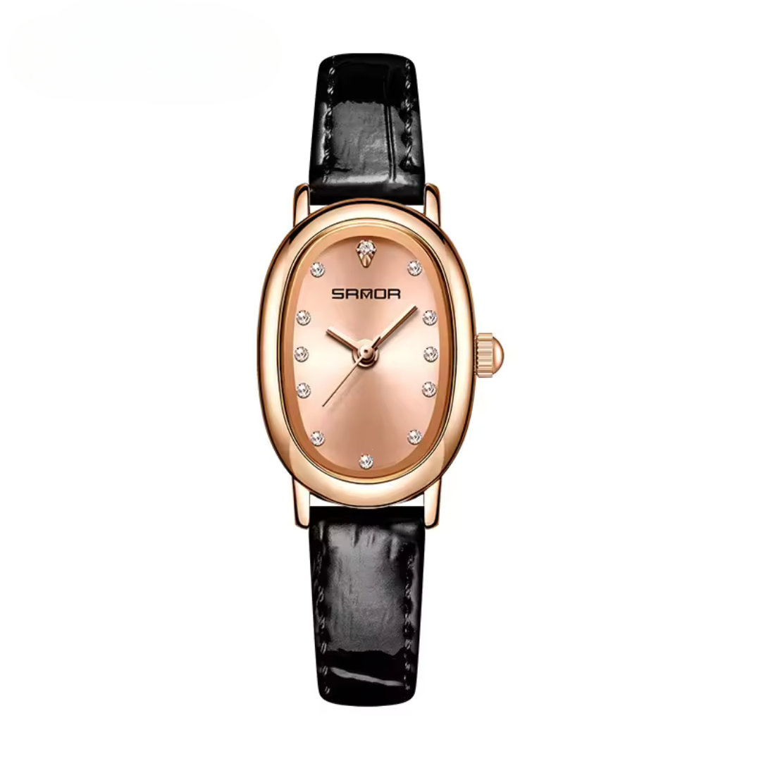 Elegant Vintage Oval Quartz Women's Watch with Slim Leather Strap and Hardlex Crystal 9