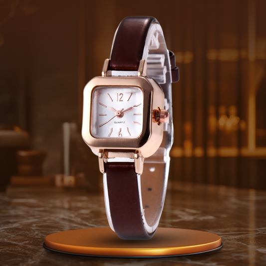 Elegant Women's Quartz Watch with Small Square Dial and Leather Strap – Stylish Ladies Watch for Any Occasion
