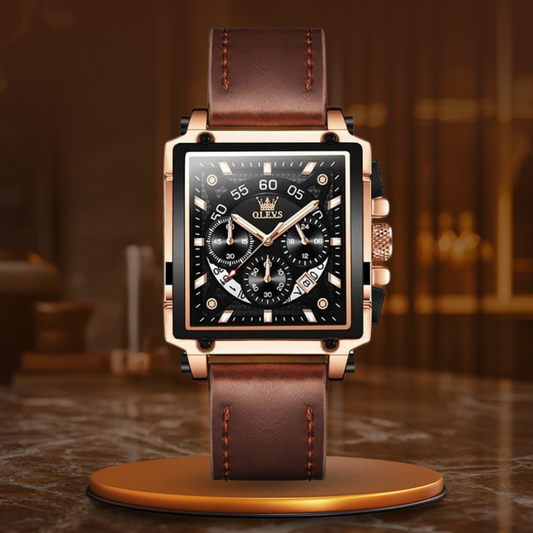 Fashion Square Dial Chronograph Watch with Leather Strap – Quartz Movement, Water-Resistant 0