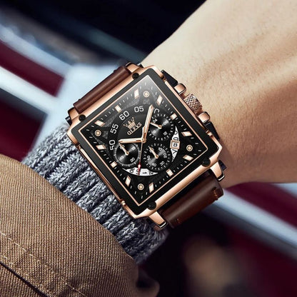 Fashion Square Dial Chronograph Watch with Leather Strap – Quartz Movement, Water-Resistant 5