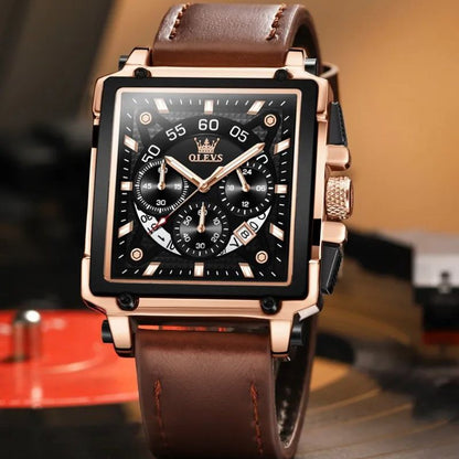 Fashion Square Dial Chronograph Watch with Leather Strap – Quartz Movement, Water-Resistant 6