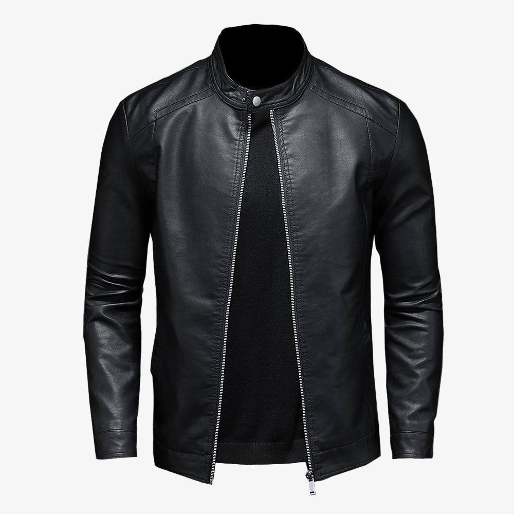 Men's Casual Black Leather Biker Jacket with Stand-Up Collar - Stylish Motorcycle Outerwear for Trendy Looks