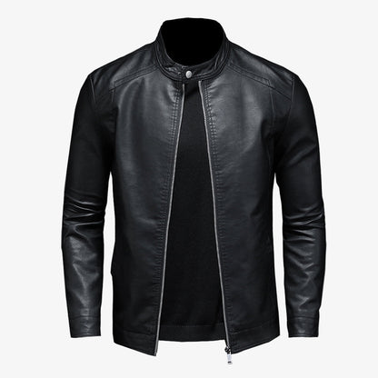 Men's Casual Black Leather Biker Jacket with Stand-Up Collar - Stylish Motorcycle Outerwear for Trendy Looks