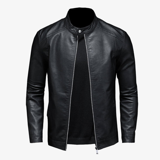 Men's Casual Black Leather Biker Jacket with Stand-Up Collar - Stylish Motorcycle Outerwear for Trendy Looks