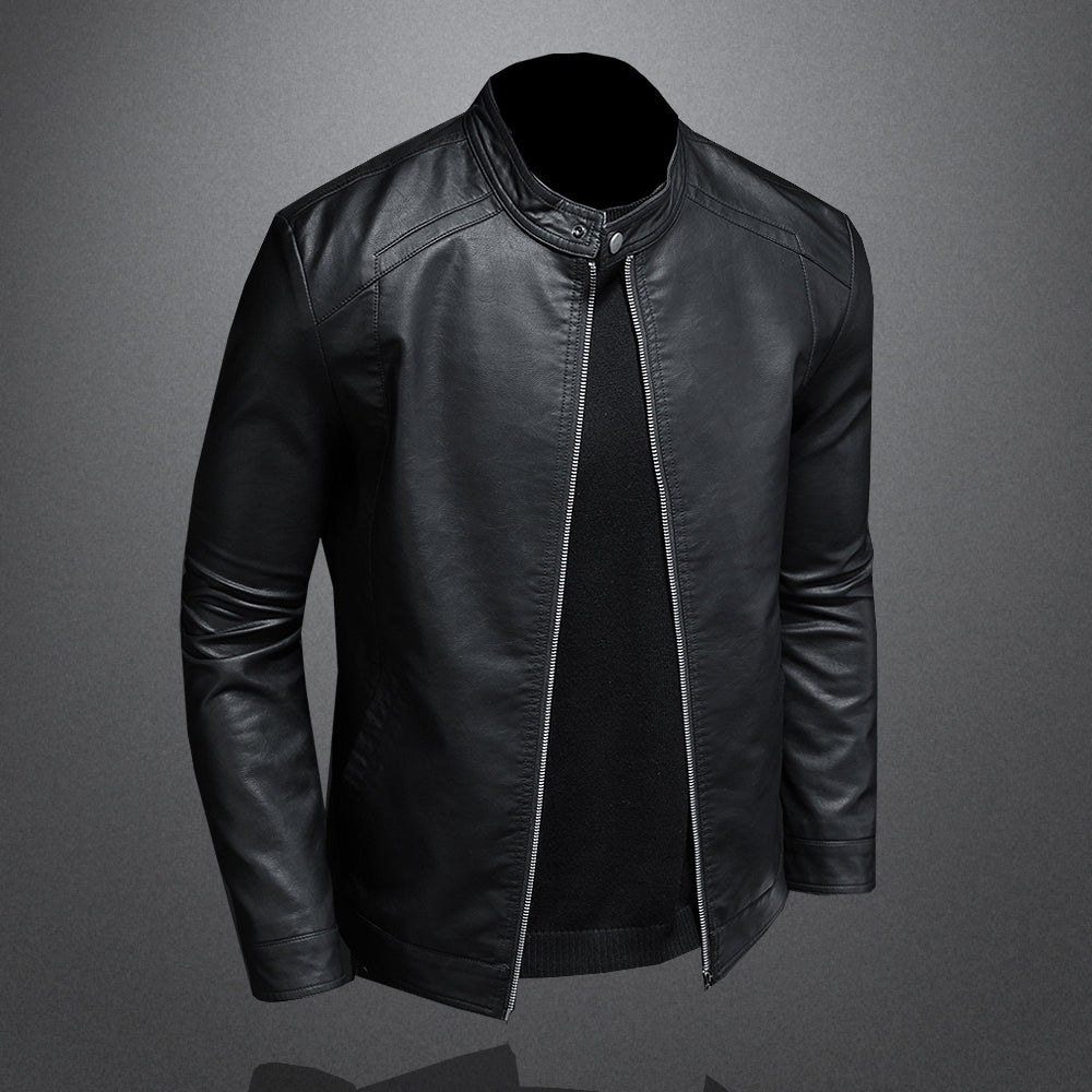 Men's Casual Black Leather Biker Jacket with Stand-Up Collar - Stylish Motorcycle Outerwear for Trendy Looks