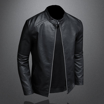 Men's Casual Black Leather Biker Jacket with Stand-Up Collar - Stylish Motorcycle Outerwear for Trendy Looks