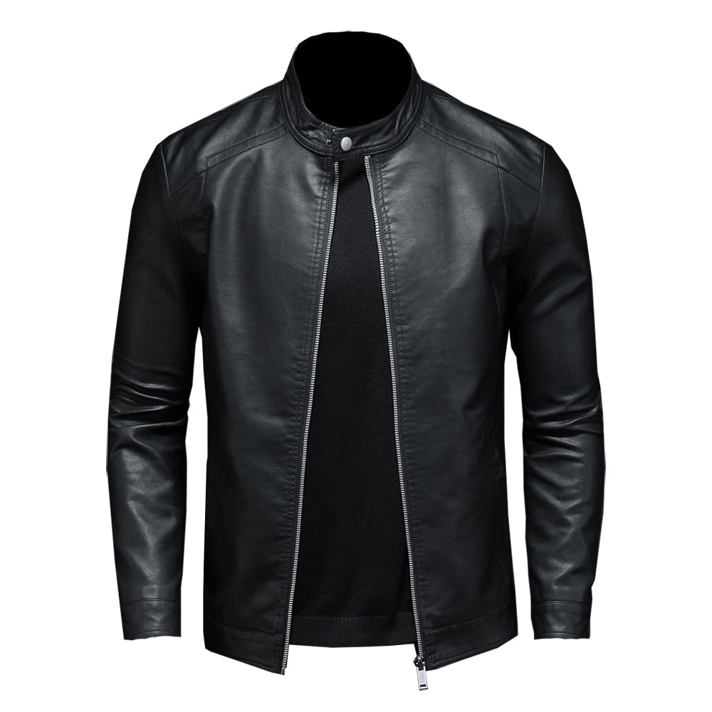 Men's Casual Black Leather Biker Jacket with Stand-Up Collar - Stylish Motorcycle Outerwear for Trendy Looks