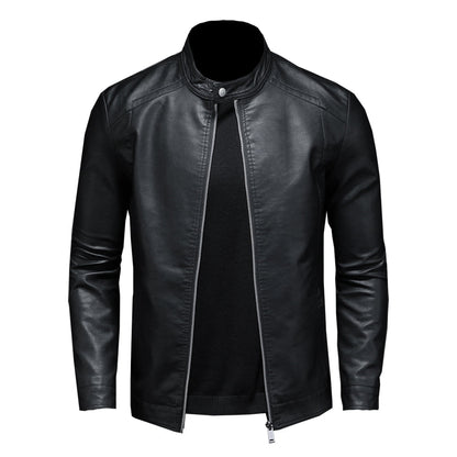 Men's Casual Black Leather Biker Jacket with Stand-Up Collar - Stylish Motorcycle Outerwear for Trendy Looks