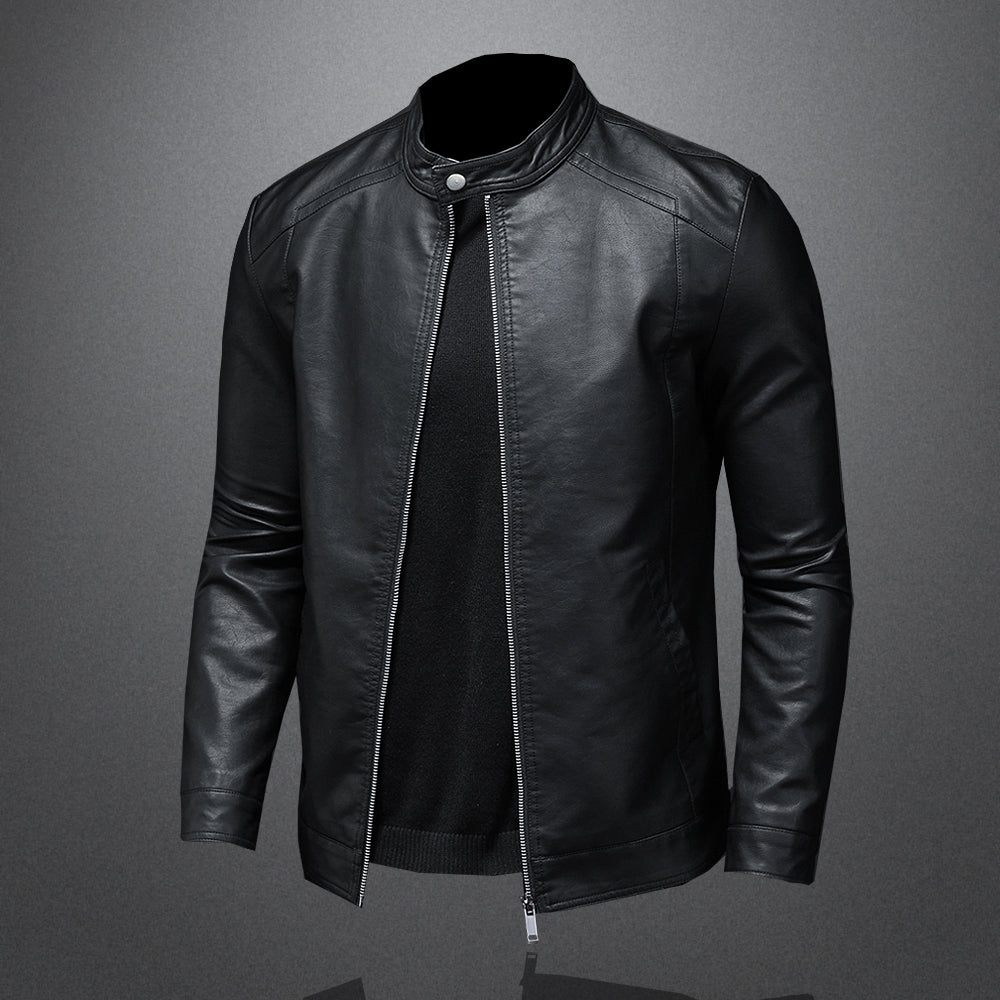Men's Casual Black Leather Biker Jacket with Stand-Up Collar - Stylish Motorcycle Outerwear for Trendy Looks