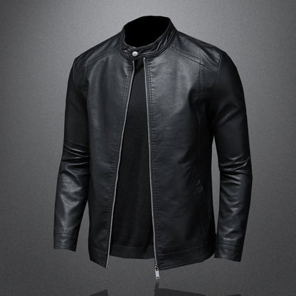 Men's Casual Black Leather Biker Jacket with Stand-Up Collar - Stylish Motorcycle Outerwear for Trendy Looks