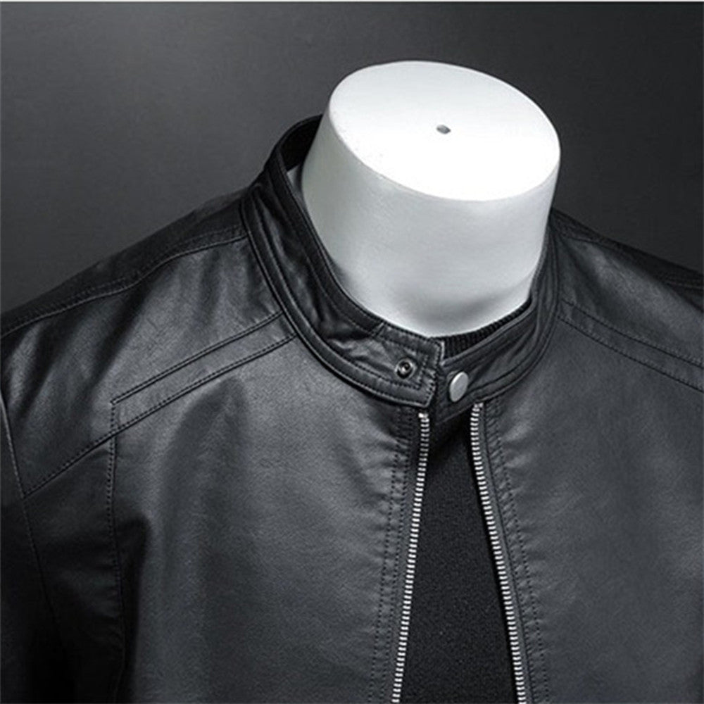 Men's Casual Black Leather Biker Jacket with Stand-Up Collar - Stylish Motorcycle Outerwear for Trendy Looks