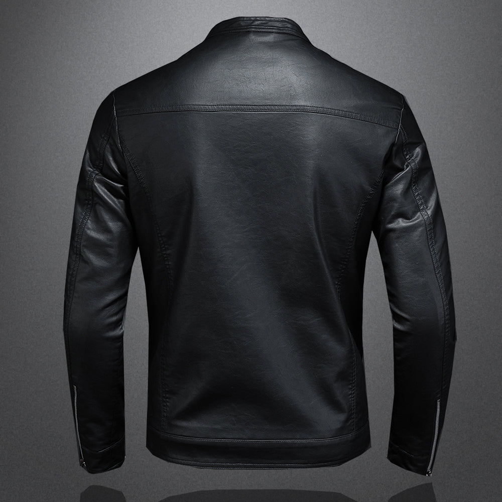 Men's Casual Black Leather Biker Jacket with Stand-Up Collar - Stylish Motorcycle Outerwear for Trendy Looks