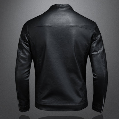 Men's Casual Black Leather Biker Jacket with Stand-Up Collar - Stylish Motorcycle Outerwear for Trendy Looks
