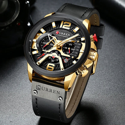 Men’s Military Quartz Chronograph Watch – Leather Band with 24-Hour Sub-Dial