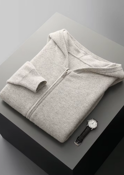 Hoodie Grey Extra-Fine Merino Wool Ribbed Zip