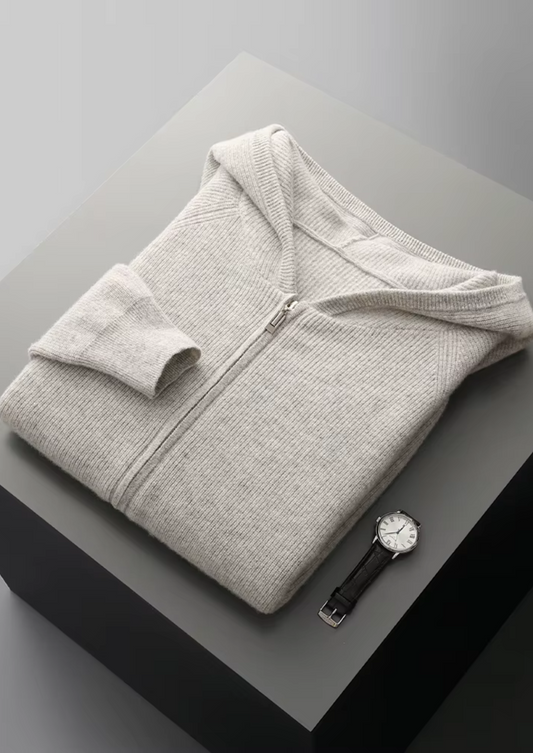 Hoodie Grey Extra-Fine Merino Wool Ribbed Zip