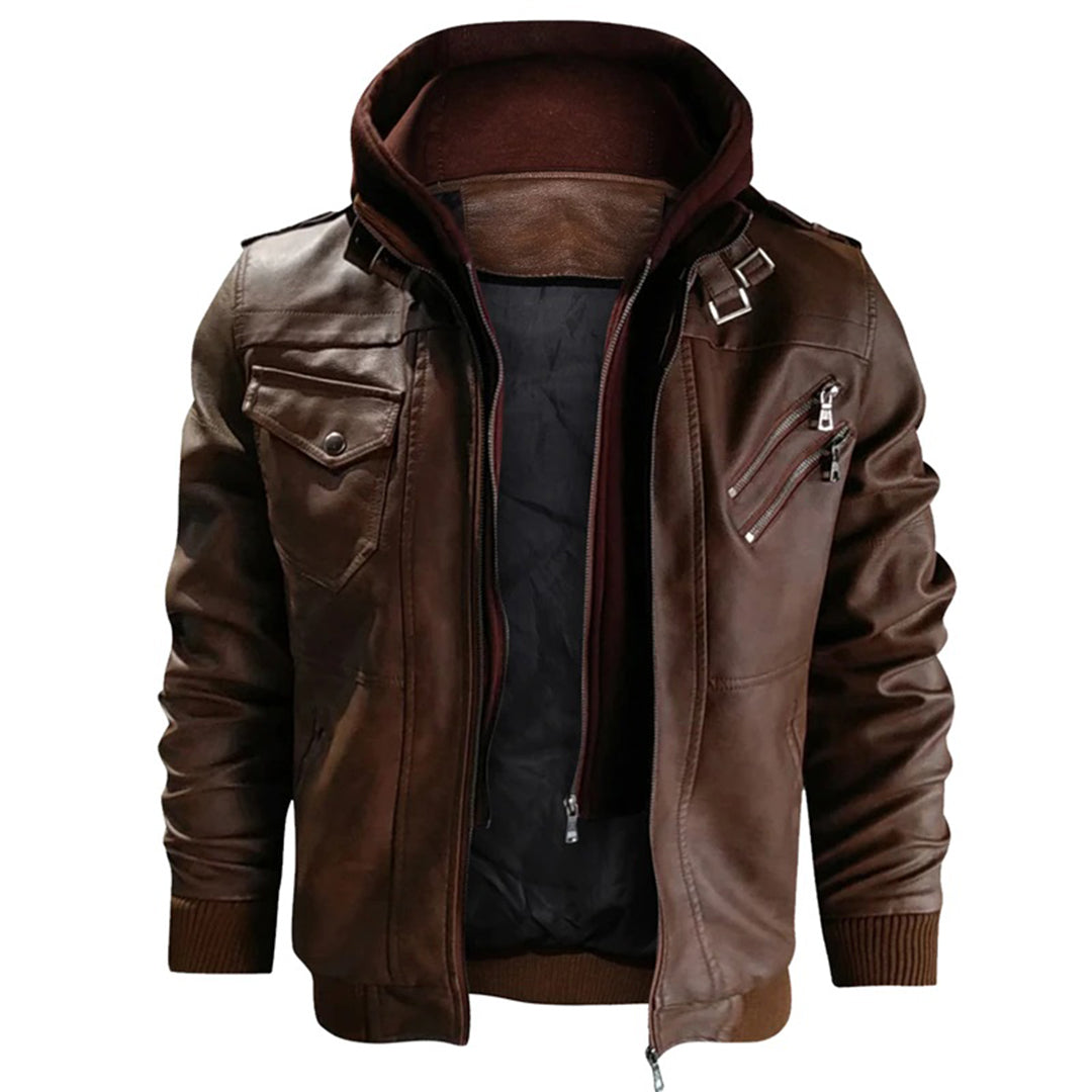 Men's Hooded Leather Jacket with Zip - Stylish, Durable, and Trendy Outerwear for All Seasons