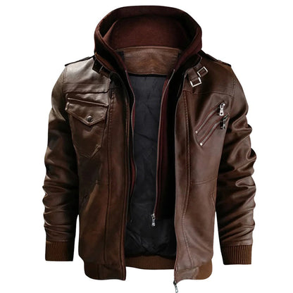 Men's Hooded Leather Jacket with Zip - Stylish, Durable, and Trendy Outerwear for All Seasons