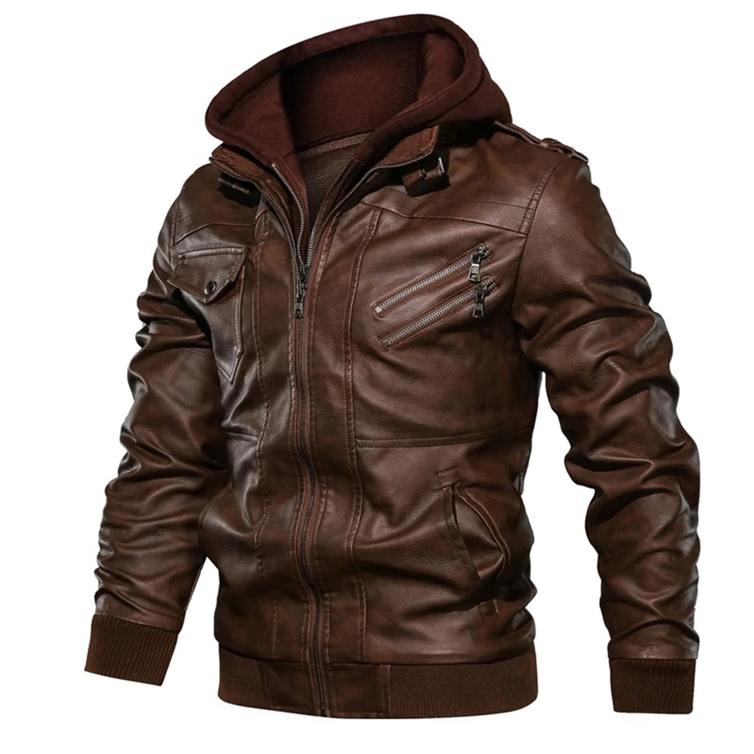Men's Hooded Leather Jacket with Zip - Stylish, Durable, and Trendy Outerwear for All Seasons